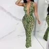 P0876 leopard mesh designs one piece fashion deep v-neck backless lace-ip slim tight long pant jumpsuits