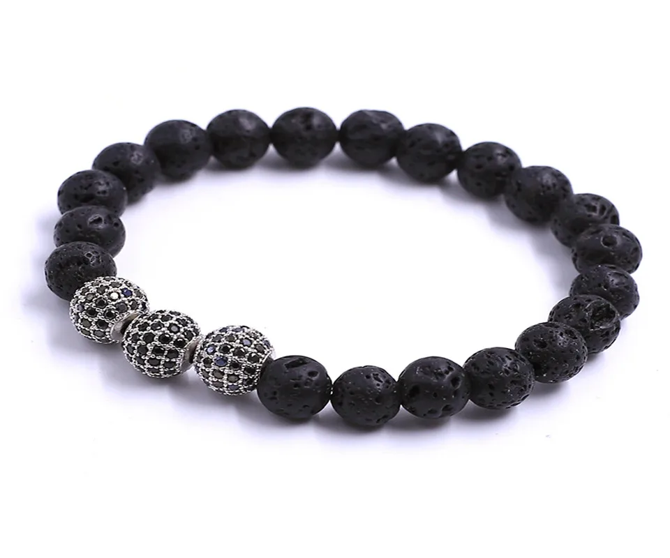 

Lava Natural Stone Prayer Beads Chakra Bio Yoga Bracelet Lava Stone with Ball Zircon Inlaid Charm Beads Bracelet, Black