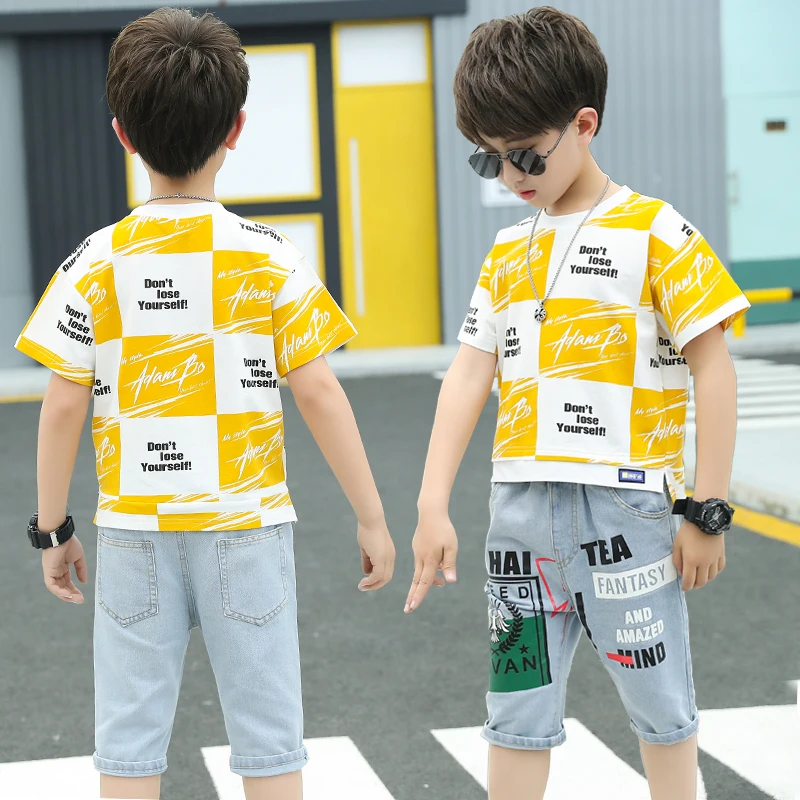 

2 Pieces Kids Clothes Boys Denim Set Fashion Yellow White Plaid Short Sleeve T-Shirts Boy'S Clothing Short Jeans Sets