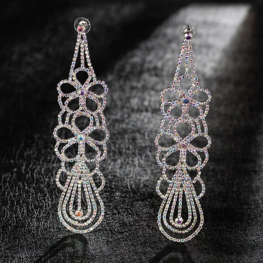 

New Fashion Exaggerated Luxury Women Jewelry Ab Crystal Rhinestone Flower Hollow Drop Earrings, Ab crystal rhinestone flower earrings