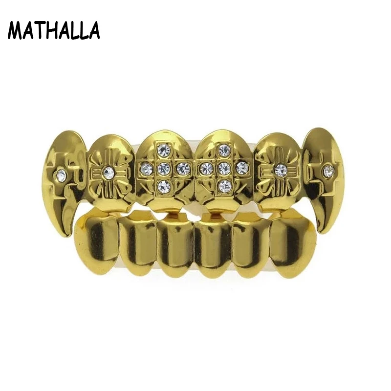 

Hip Hop Teeth Gold Plated Grillz Set Men's Rap Half Vampire Fang Top and Bottom Grillz Wholesale, Gold;silver