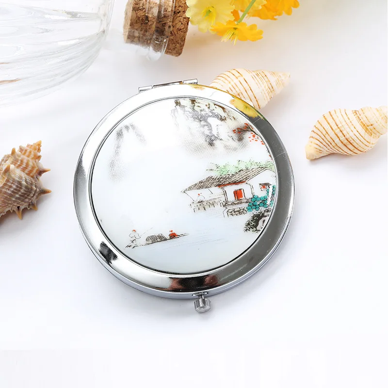 

Wholesale Blue and white porcelain pocket mirror custom personalized cosmetic Oval hand Compact Mirror