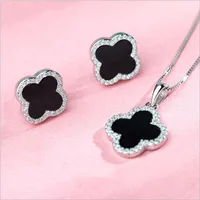 

2019 fashion S925 sterling silver four-leaf clover necklace female black agate with diamond pendant clavicle chain gift for girl