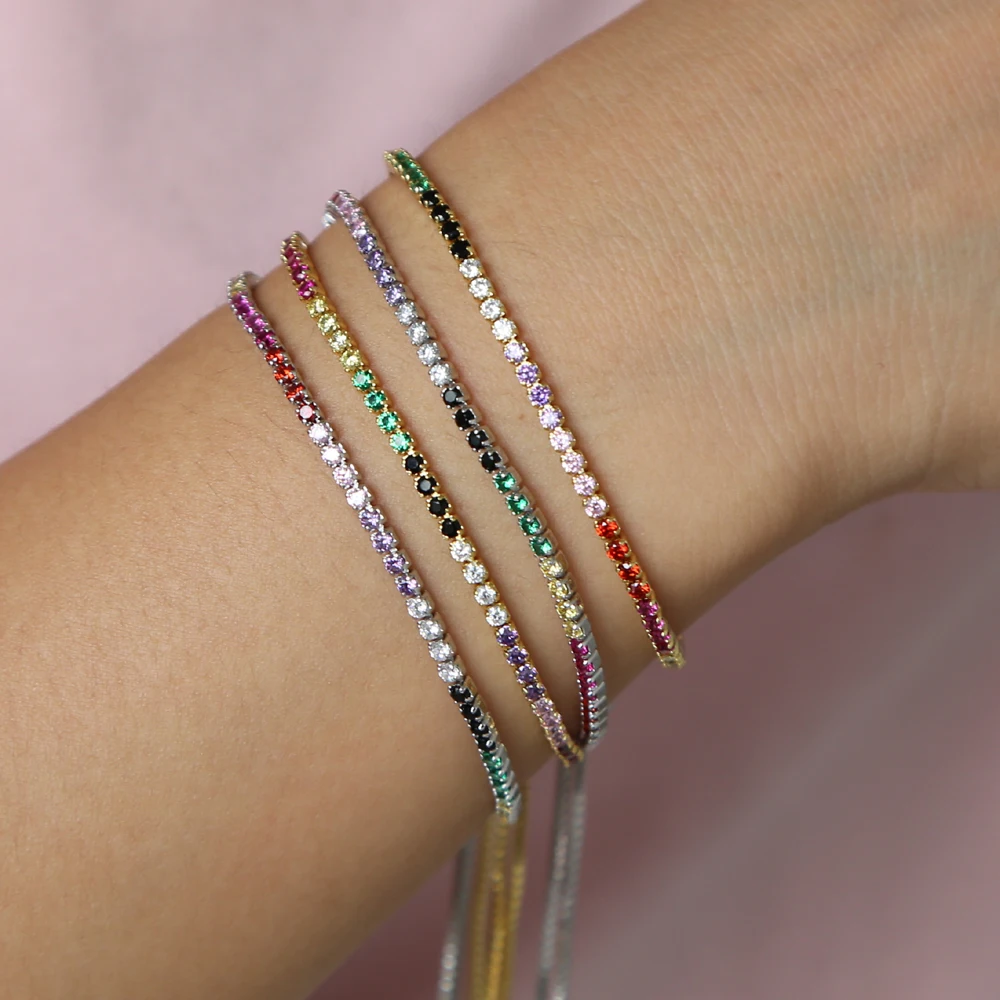 

2019 New Collection Rainbow tennis bracelet colorful cubic zircon women Lace up link chain bracelet girls fashion jewelry, Colorful;custommized