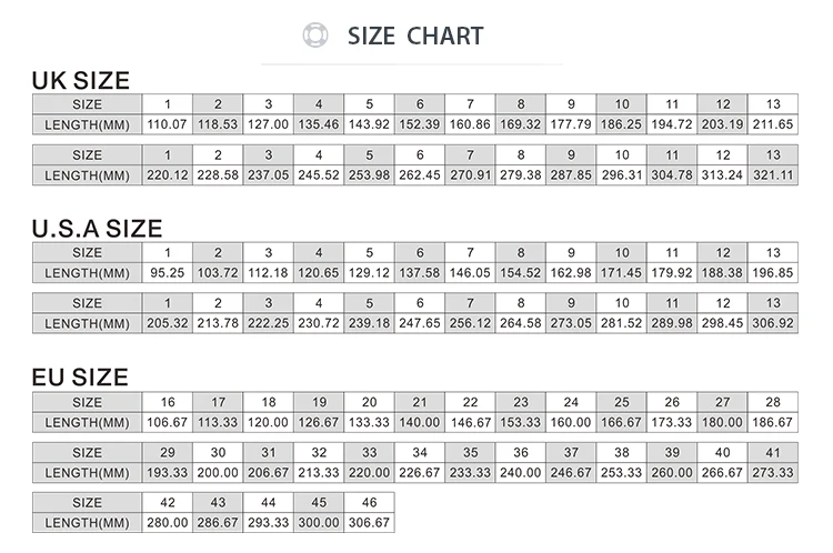 Mens Slipper Size Chart