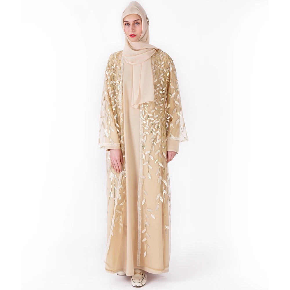 

Women Gender Plus Size Muslim Embroidered Sequins Front Kimono Abaya Latest Arab Maxi Gown, Golden