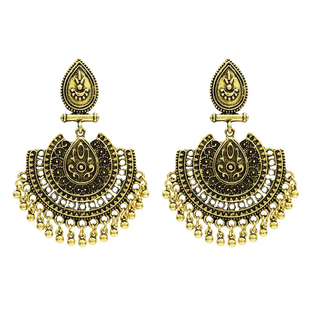 Vintage Style Gold Silver Plated Alloy Carved Flower Ball Tassel Earrings