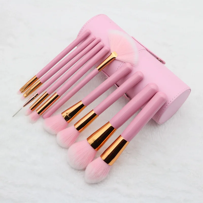 

10pcs Pink Circular custom brand professional personalized pink wood makeup brush set with zipper PU bag optional, Pink & siliver or gold