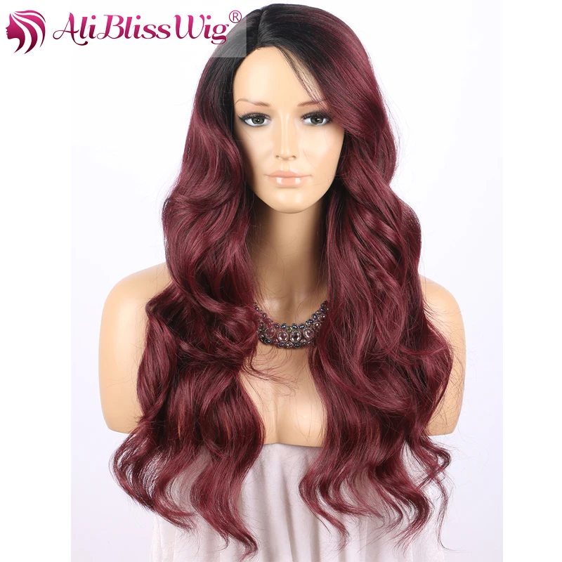 

22 Long Heat OK Fiber Hair Natural Wavy Side Deep Parting Dark Roots Two Tone Ombre 99J Burgundy Synthetic Wig for Black Women