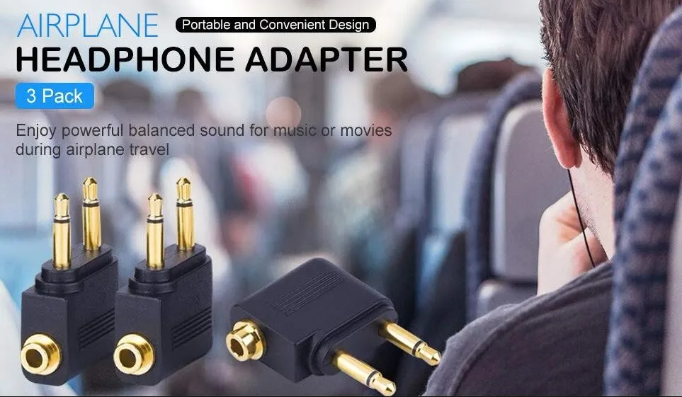 Airplane Airline Flight Adapters For Headphones (3 Pack,Golden Plated