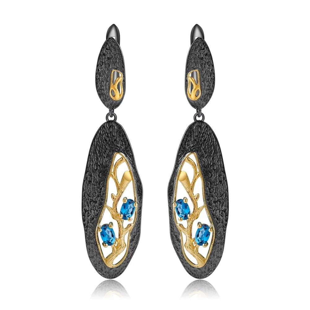 

Abiding natural women fashion gemstone london blue topaz gold plated 925 sterling silver hanging earrings