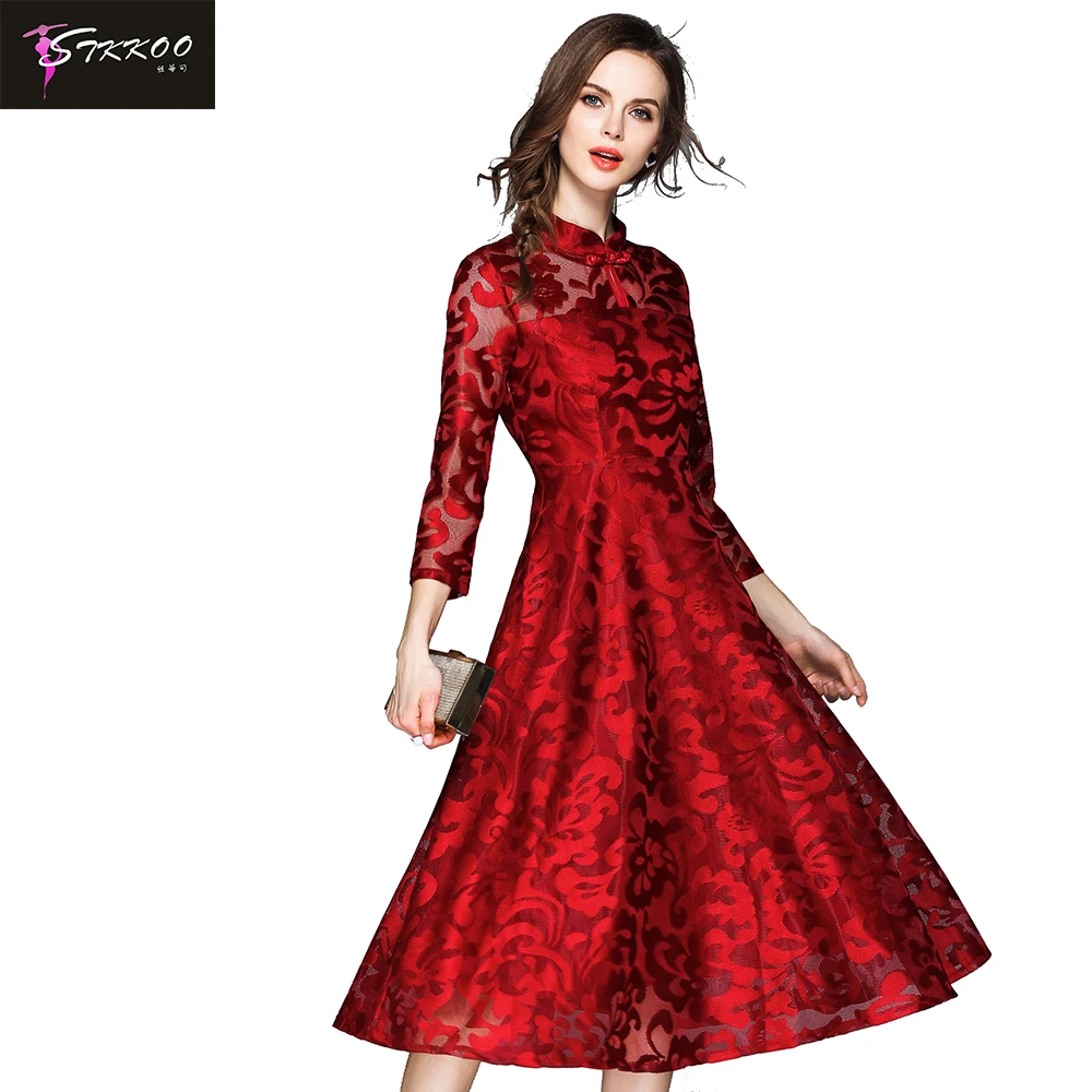

Wholesale Women Elegant A Line Long Lace Dress, Red;black;blue