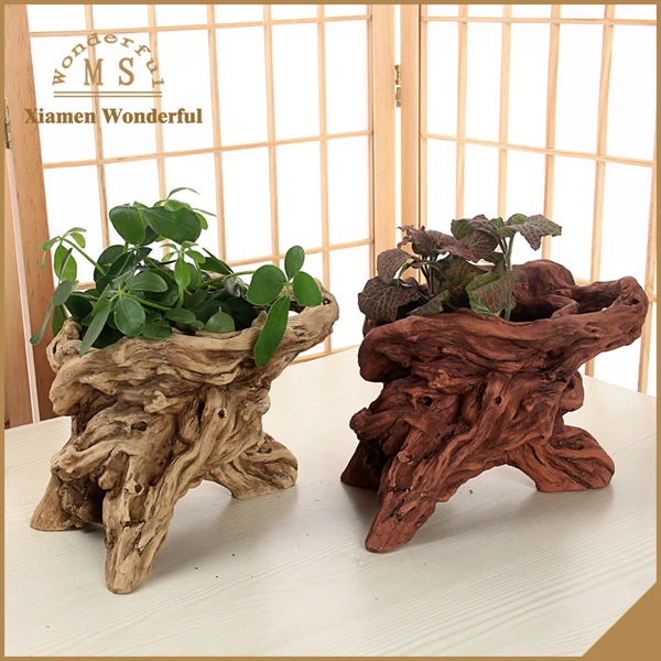 China supplier tree root plantpot resin material, polyresin flower pot wooden like,Artificial flower pot gift for Mother's Day