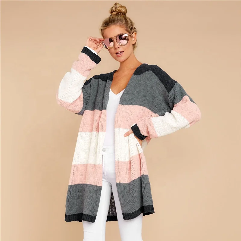 

New Hot Sale Women Rainbow Knitted Striped Cardigan Sweater, Orange;pink