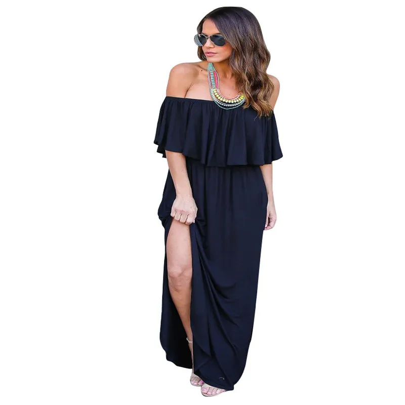 Womens Floral Off The Shoulder Dresses Summer Casual Ruffle High Waist Slit Long Maxi Dress with Pockets