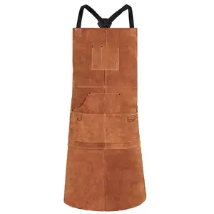 Image of Adjustable Heavy Duty Work Apron Cross Back Extra Long Strap Leather Welding Apron