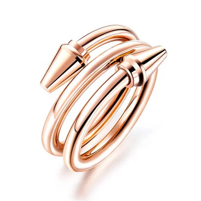 

Free Shipping Women Titanium Jewelry Plated Rose Gold Three Circles Nail Tail Ring