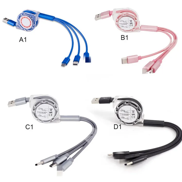 

USB Data Cable 3in1 Retractable USB Charger Universal Multi Cable, Pink,blue,gray,black