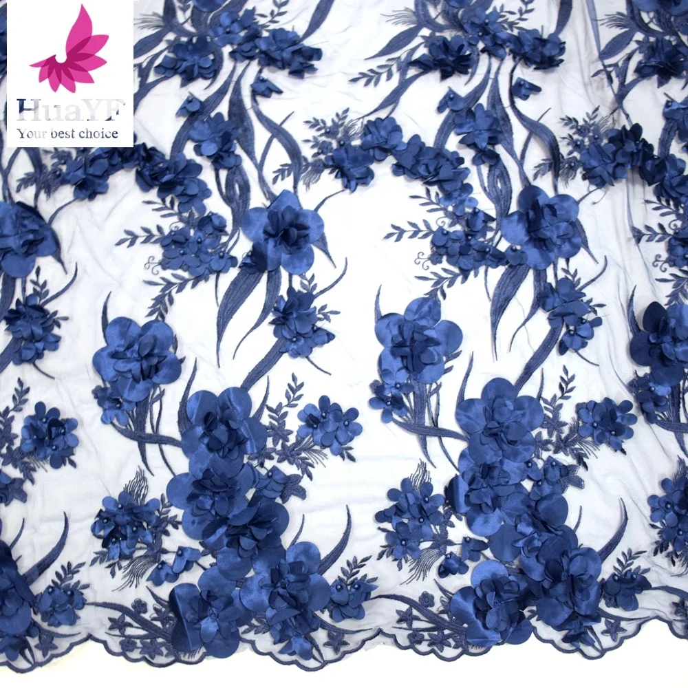 

Navy blue african laces high quality 3d flower fabric tulle embroidered fabric for wedding HY0976-1