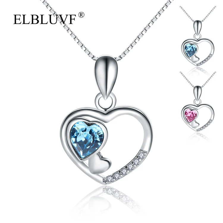 

ELBLUVF 925 Sterling Silver Chain Womens Blue Pink CZ Double Love Heart Necklace For Wedding Valentine Gifts