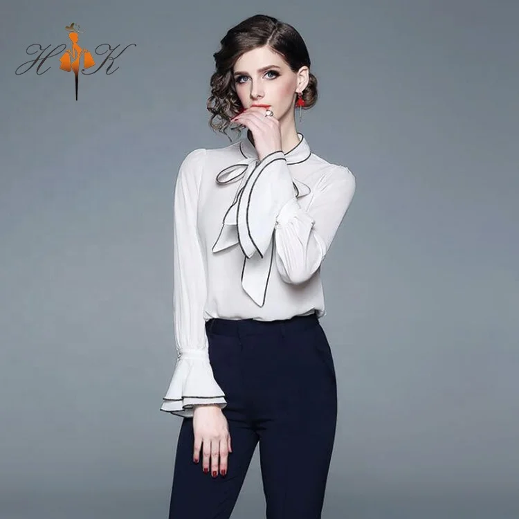 

Trendy women clothing women's bow tie chiffon white blouse shirt woman
