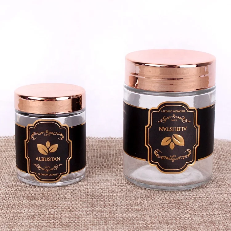 
80ml 110ml 200ml luxury small glass jar rose gold lid for cosmetic,spice,food,honey 