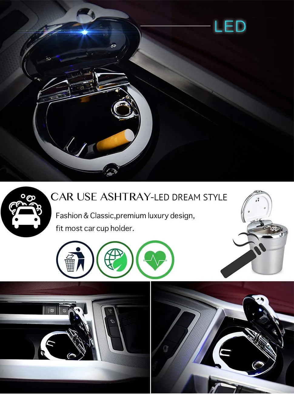 Car Ashtray,Easy Clean Up Detachable Stainless Car Ashtray With Lid