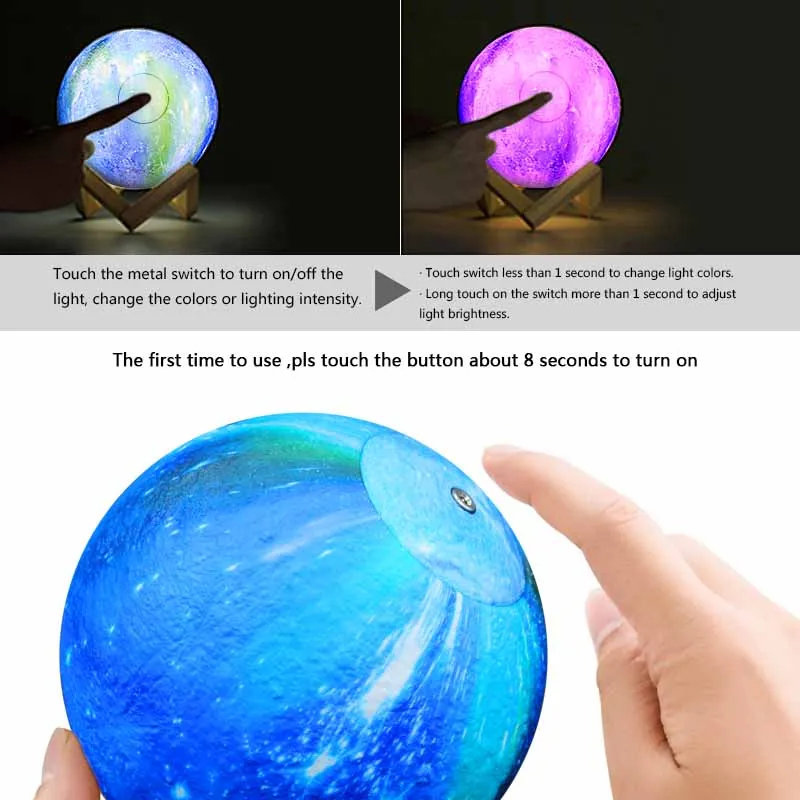 4 inches color decorative blue sky 3D printed moon light, touch control 2 or 3 colors night light