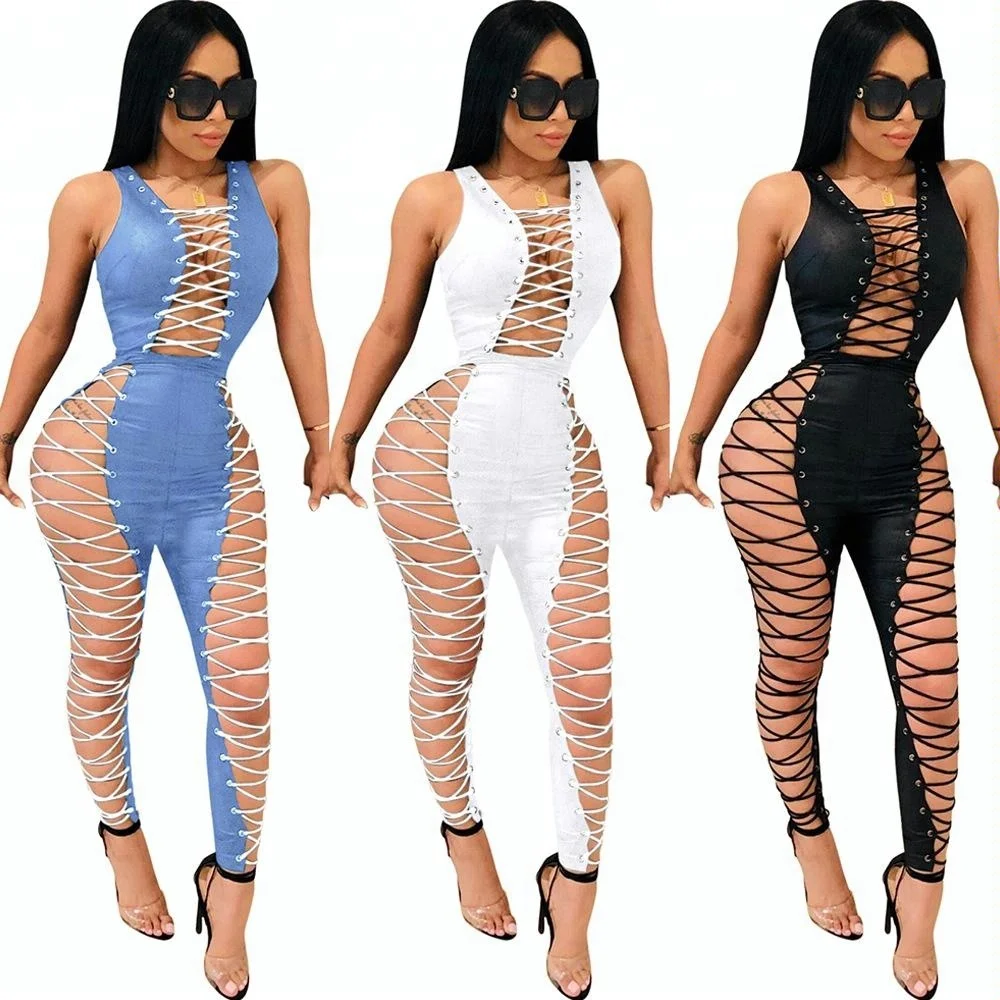 

B33550A 2018 sexy club fashion women lace up Bandage Jumpsuits