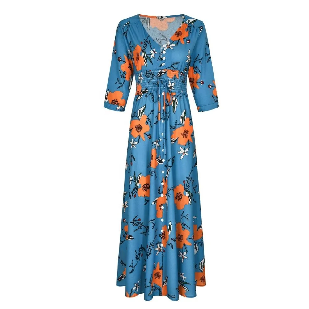 

Wholesale Chiffon 3/4 Sleeve Button up Split Floral Print Bohemian Dress