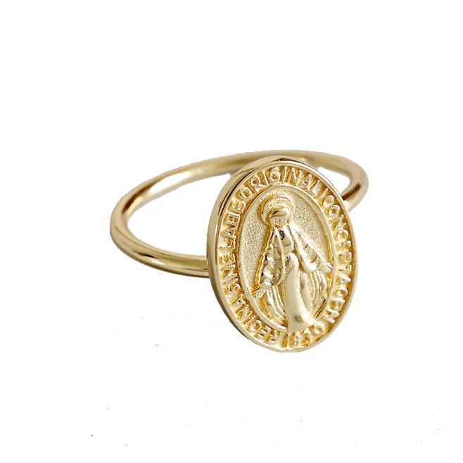 

Hot Selling 925 Sterling Silver Cuff Ring Gold Tiny Virgin Mary Ring Religious Medal Adjustable Ring Jewelry For Women