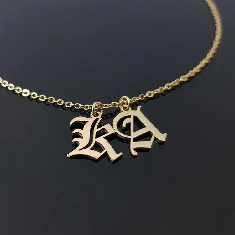 

Personalized Gothic 18K Gold Plated Stainless Steel Old English Initial Letter Necklace, Gold,rose gold,black and silver