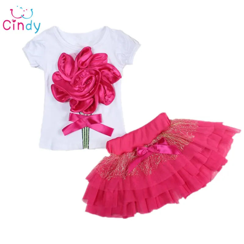 Casual clothing set 2 pieces T shirts short skirts with red flower outerwear and outdoor for