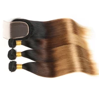 

Ombre 3 Tones Color 1B/4/27 Virgin Brazilian Silky Straight Human Hair Weave Bundles With Closure