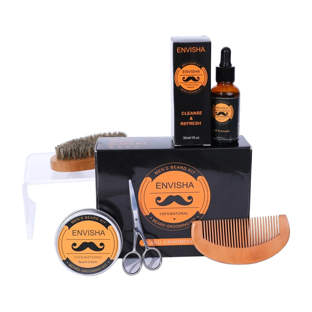 2019 Private Label Gentleman Organic Beard Balm Wax And Wooden Brush Beard Comb Beard Grooming Kit For Men With Cloth Bag