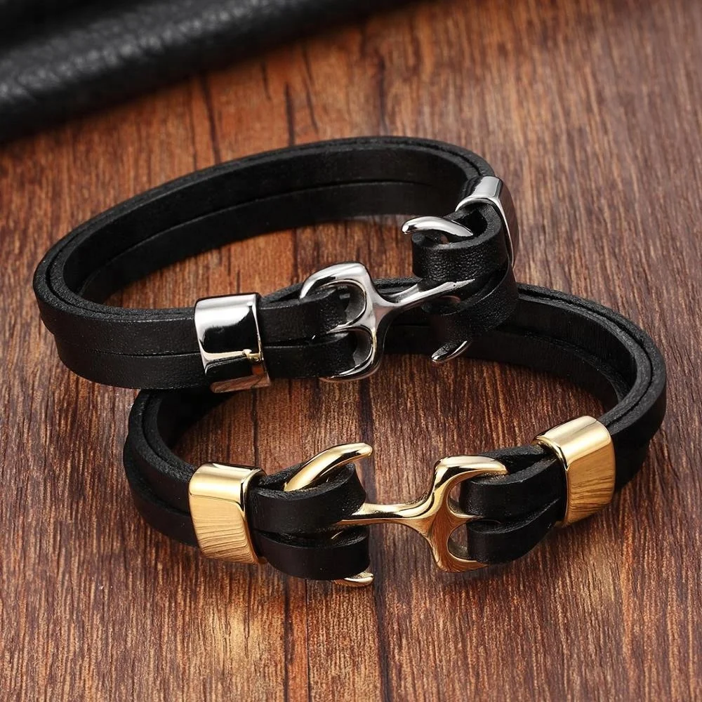 

Hot Sale Anchor Men Bracelet Custom Logo Stainless Steel Genuine Leather Bracelet For Male Jewelry Gift Wholesale, Gold/silver