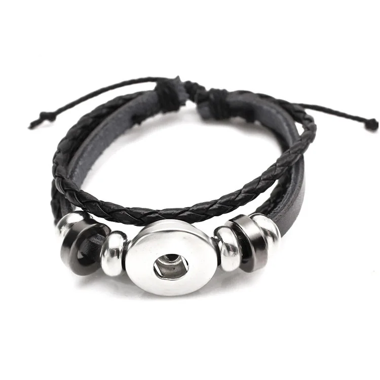 

18mm Snap Button Supplies Wholesale DIY Silver Round Charms  Leather Bracelets For Women Men Punk Party Jewelry, Black with steel