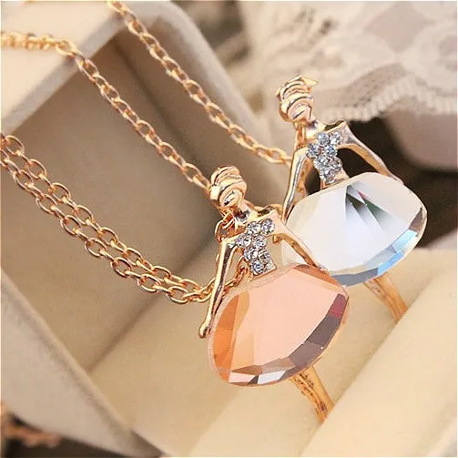 

Gold Color Sweater Chain Shiny Crystal Ballet Girl Dancer Pendant Necklace Statement Long Necklaces Jewelry For Women