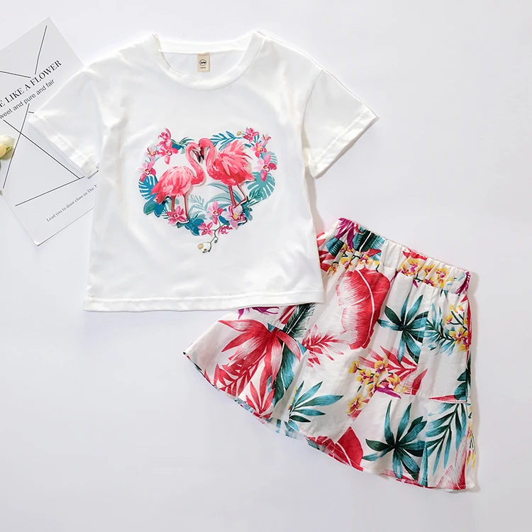 

2019 wholesale fashion kids round collar short sleeve cartoon t shirt + flower skirt 2pcs girls clothing set