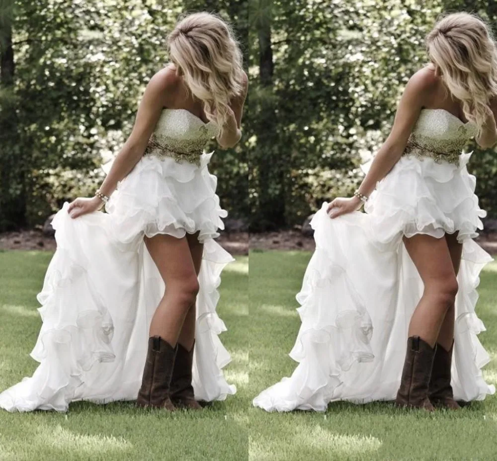 Country Style Wedding Cakes Modest High Low Sweetheart Ruffles Organza Asymmetrical Fitted Hi Lo Bridal Gowns Plus Size font b - Country Style Wedding Cakes
