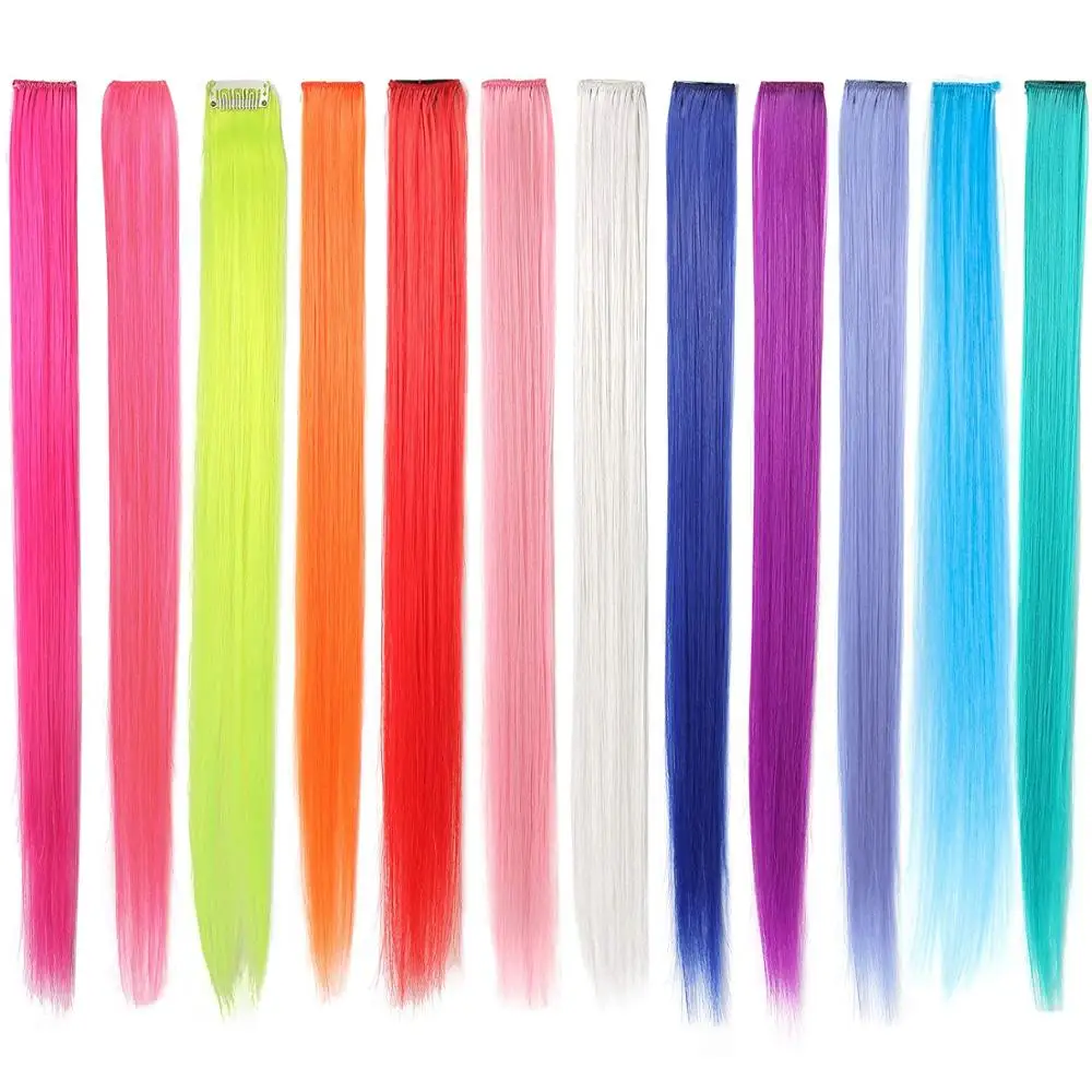 

22 Inches Multi-colors Party Highlights Colorful Clip in Synthetic Hair Extensions Straight Long Hairpiece