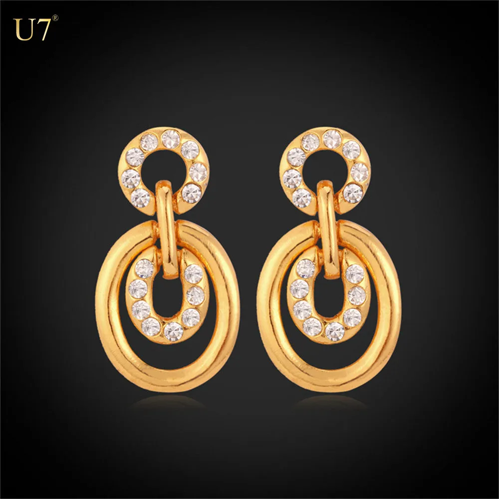 

U7 Noble Jewelry Round Drop Earrings 18k Gold Plated Rhinestone Wholesale Trendy Unique Design Gold Earring For Women, Gold/platinum color
