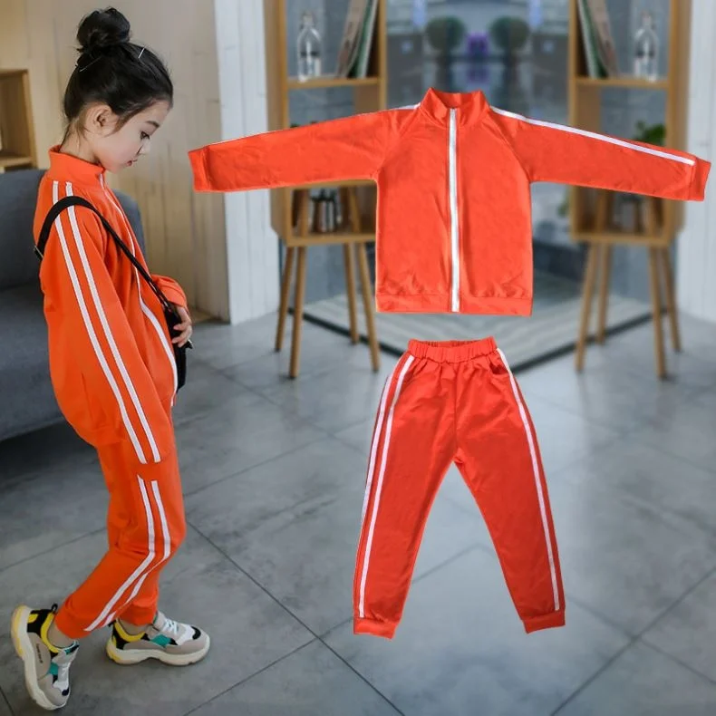 

2018 Newest Design Casual Sports Knitted Front Zipper Girls 2pcs Clothing Sets With Great Price, Orange/navy