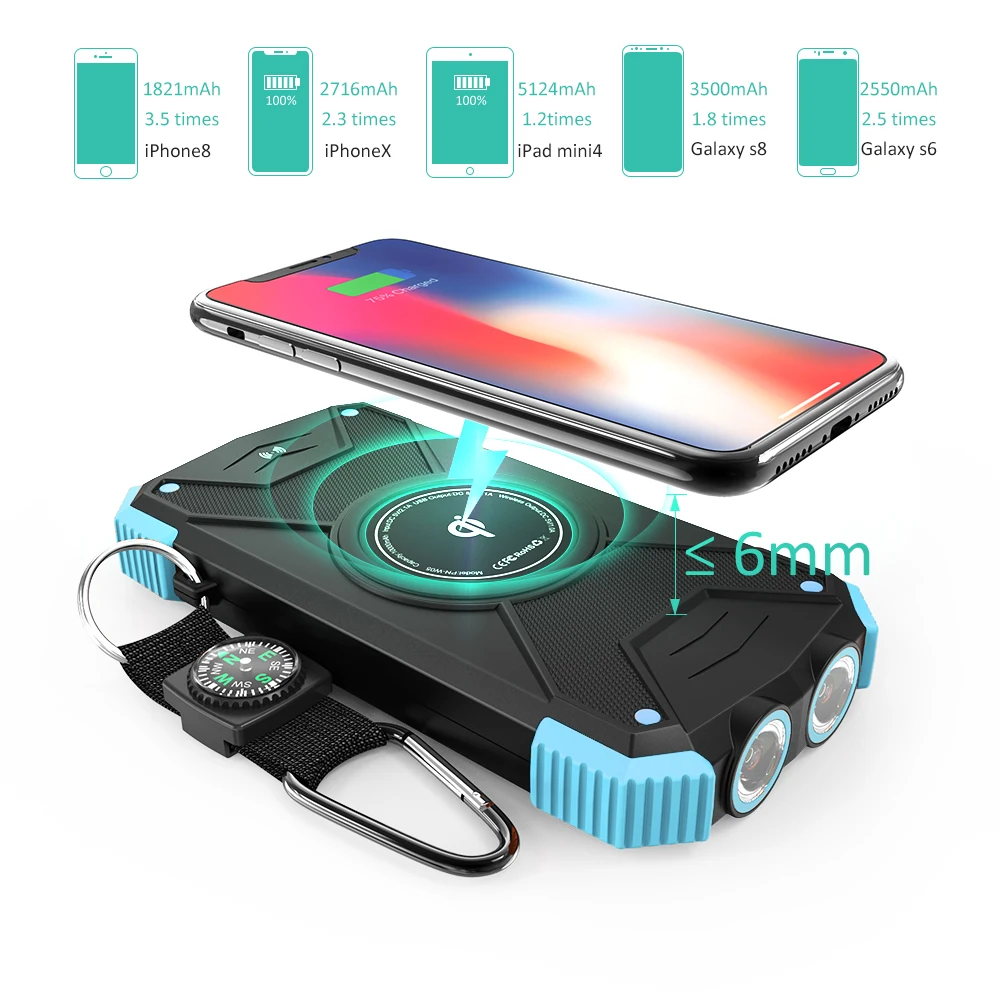 10000 mAh Solar Wireless Charger Private Mold High Quality Power Bank with Dual Flashlight and Compass Waterproof