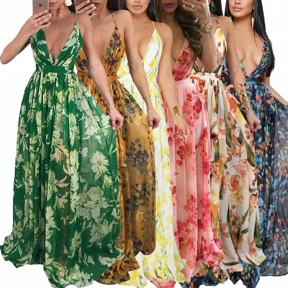 

CY-004 Accept Sample Order Hot Sexy Deep V Neck Backless Maxi Dress Women Summer Club Beach Print Sleeveless Bohemia Dress 2111, Picture shown;5 floral patterns you can choose