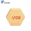 Fashion Hexagonal red led digital wooden alarm clock with 3 levels brightness