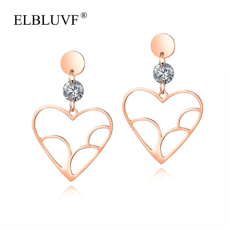 

ELBLUVF Free Shipping Stainless Steel Hot Sale Heart Shape Circular Zircon Pendant Earrings, Rose gold