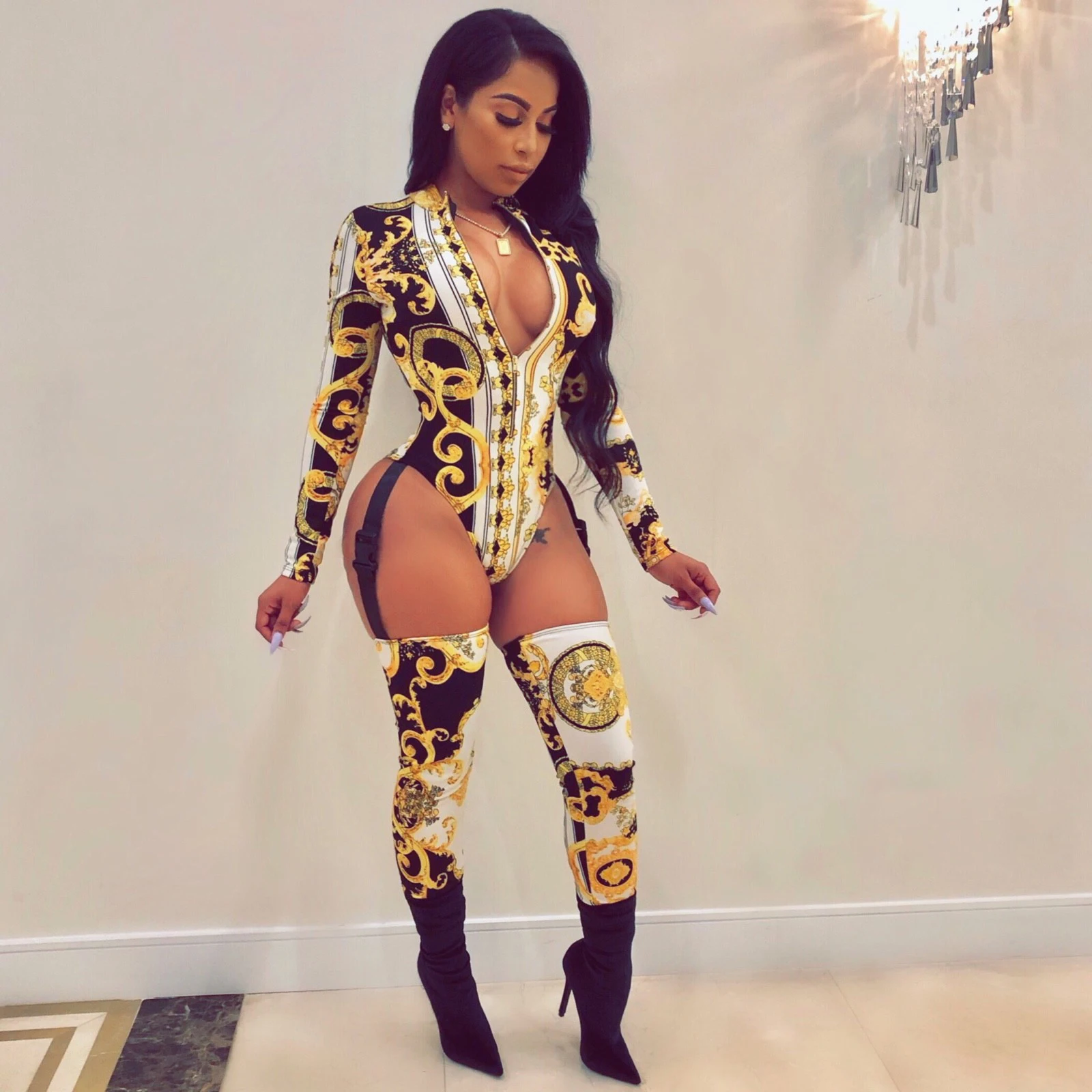 

N17036A Printed zipper buckle webbing jumpsuit for women, As shown