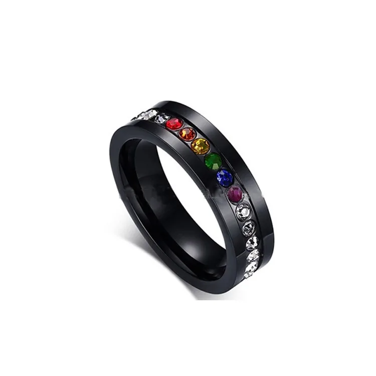 

China free gay ,wholesale custom Rainbow Stones Black Stainless Steel Ring for gay