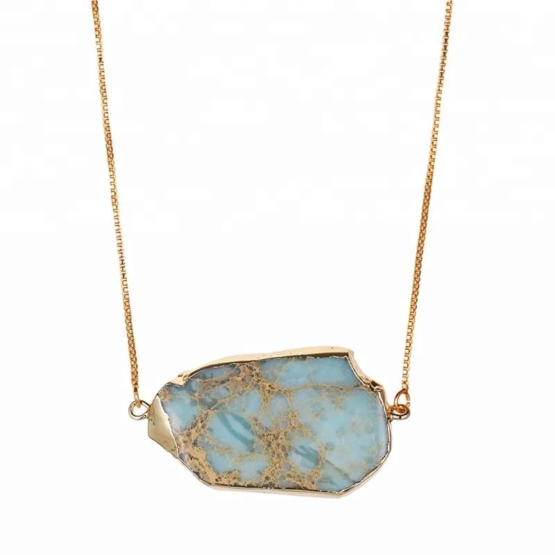 

Fashion gold plated copper chain natural sea sediment jasper stone connector jewellery pendant necklace women, Picture show